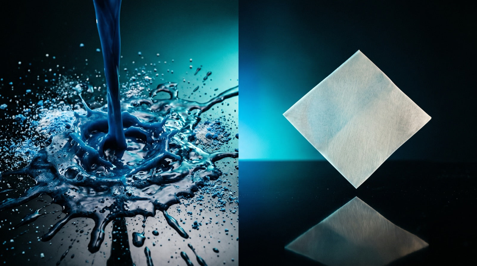 Detergent sheet versus liquid detergent, dramatic teal-blue on black — laundry detergent showdown