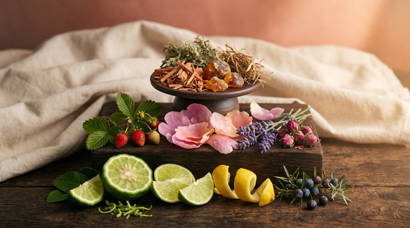 Layered laundry scent ingredients in warm amber tones — QLEAN scent layering guide