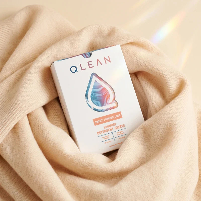 QLEAN Sweet Summer Love laundry detergent sheets box wrapped in soft cream cashmere fabric
