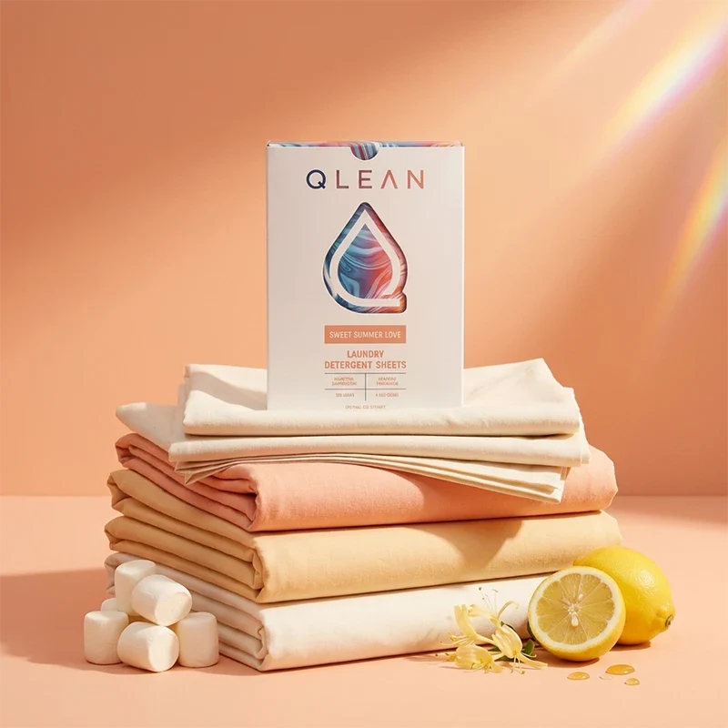 QLEAN Sweet Summer Love box on stack of folded cream and peach linens with sweet fragrance ingredients