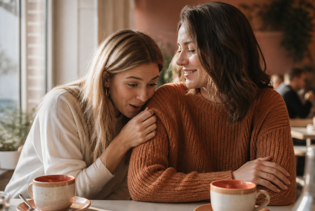 A woman leaning toward her friend's sweater, delighted by the scent