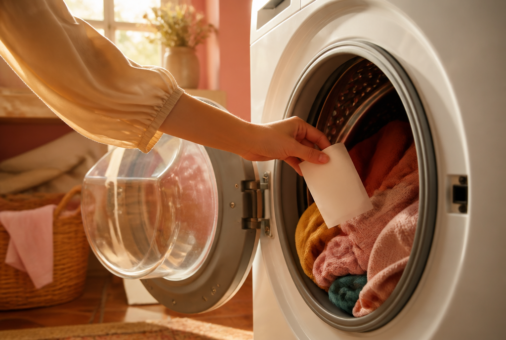A hand dropping a single Qlean detergent sheet into a washing machine drum