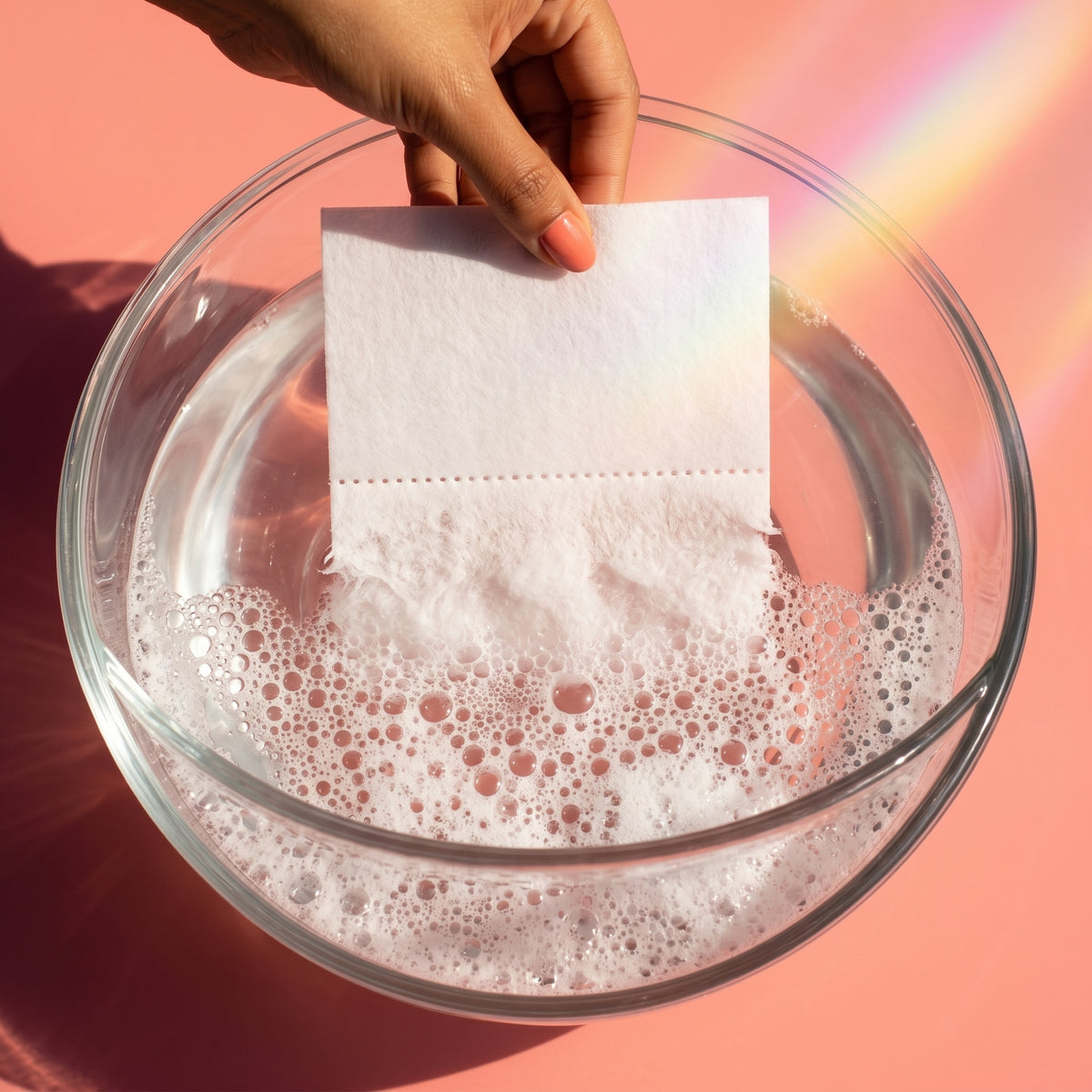 A Qlean detergent sheet dissolving completely in a glass of water