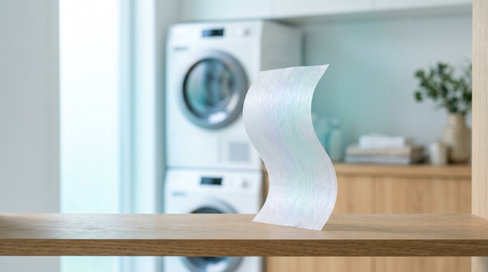 Iridescent laundry detergent sheet in a bright modern laundry room — switching to detergent sheets