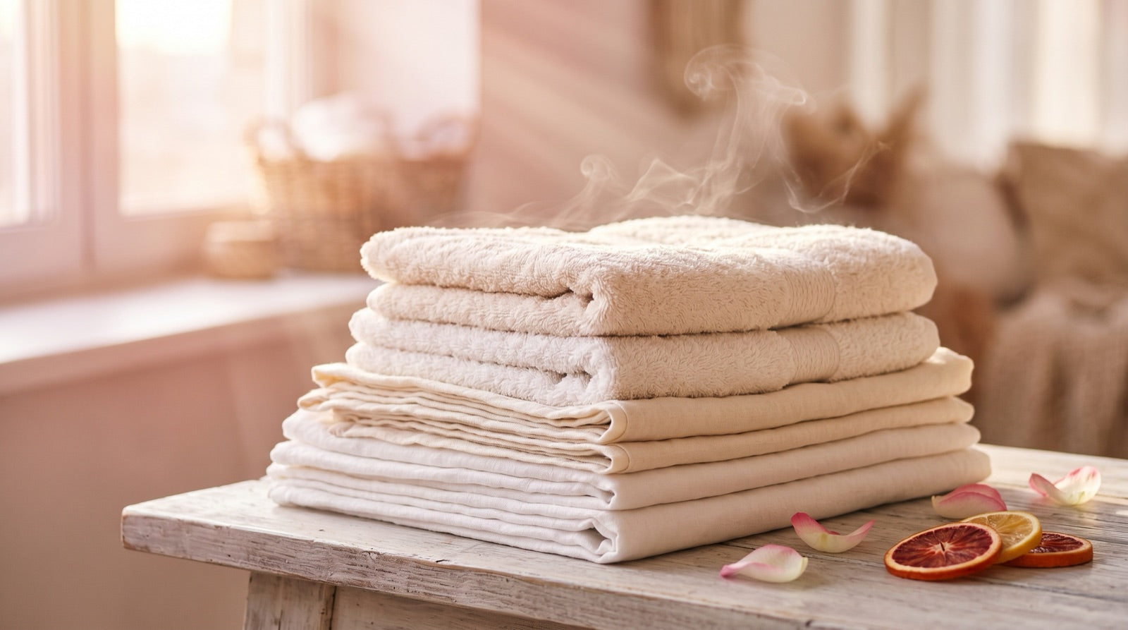 Fresh folded towels with soft scent vapor — how to make laundry smell good