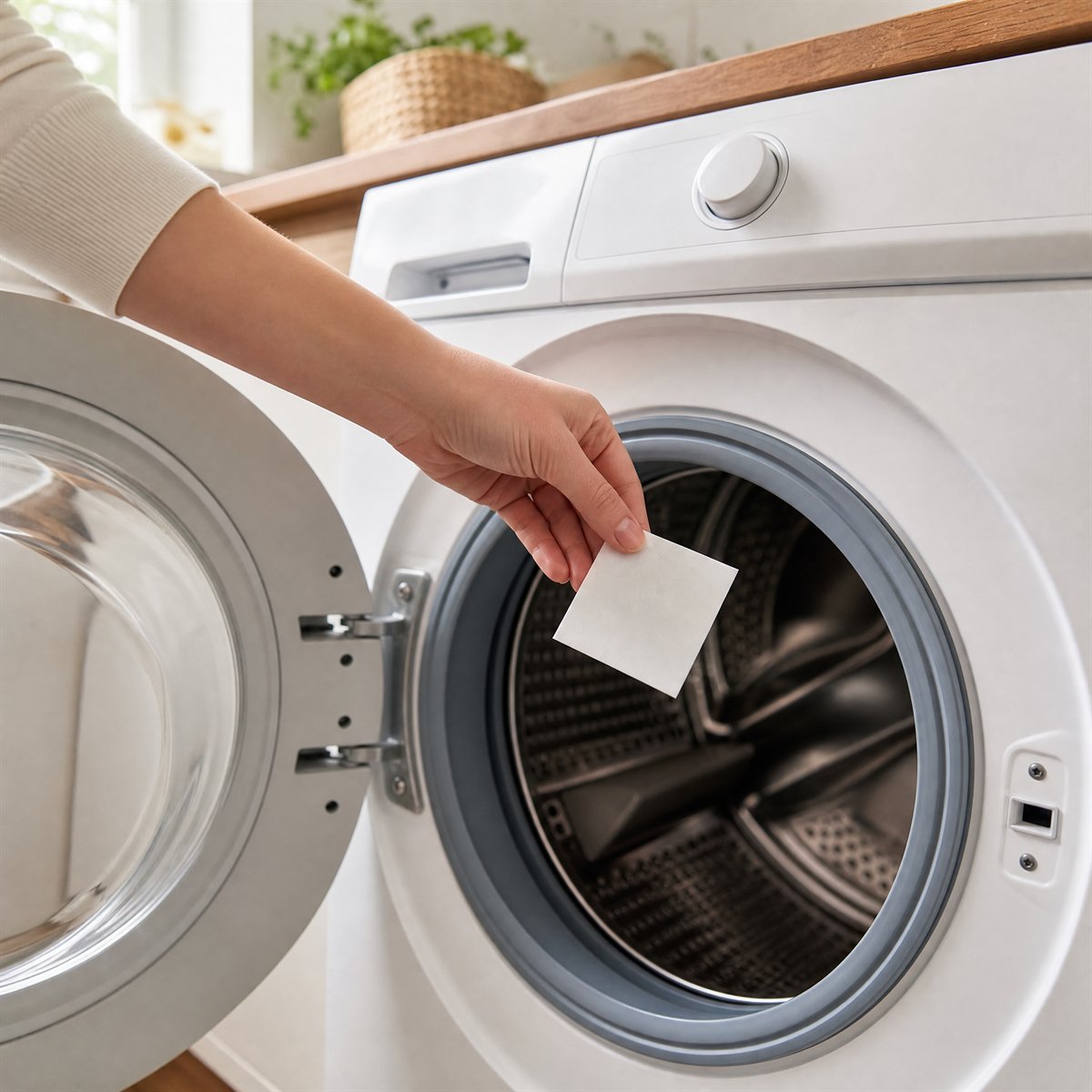 One detergent sheet dropped into an empty washing machine drum