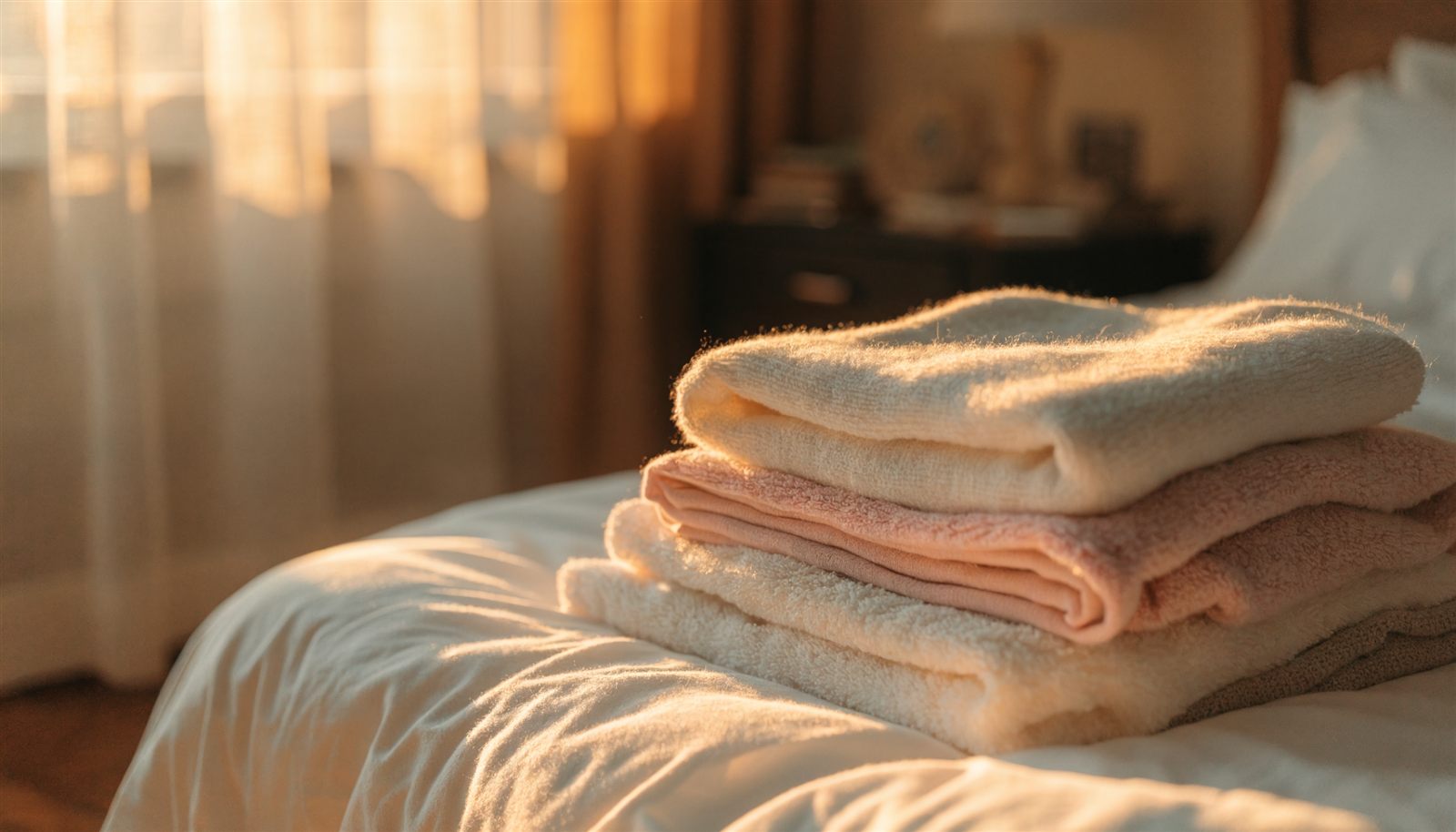 A warm stack of freshly folded laundry in golden evening light