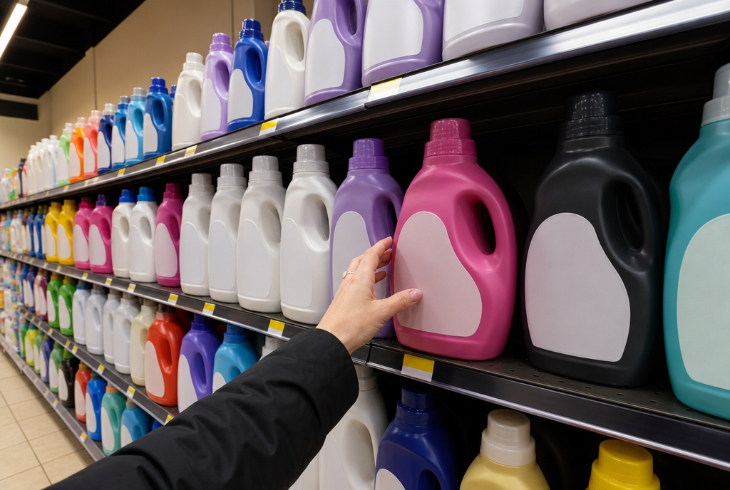 A wall of colorful detergent jugs in the supermarket aisle, a hand reaching and hesitating