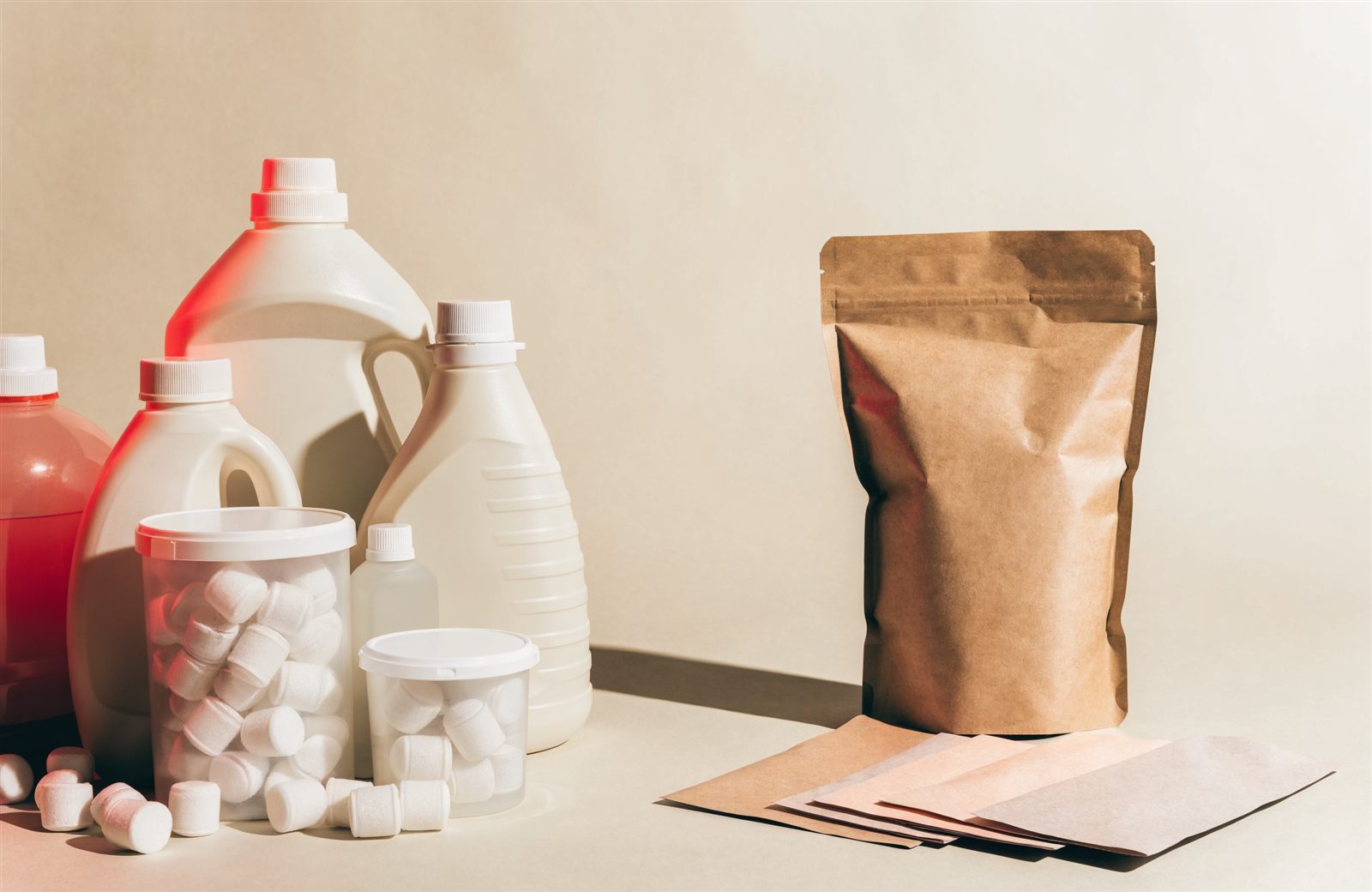 A heavy detergent jug next to the slim Qlean envelope that washes the same 120 loads