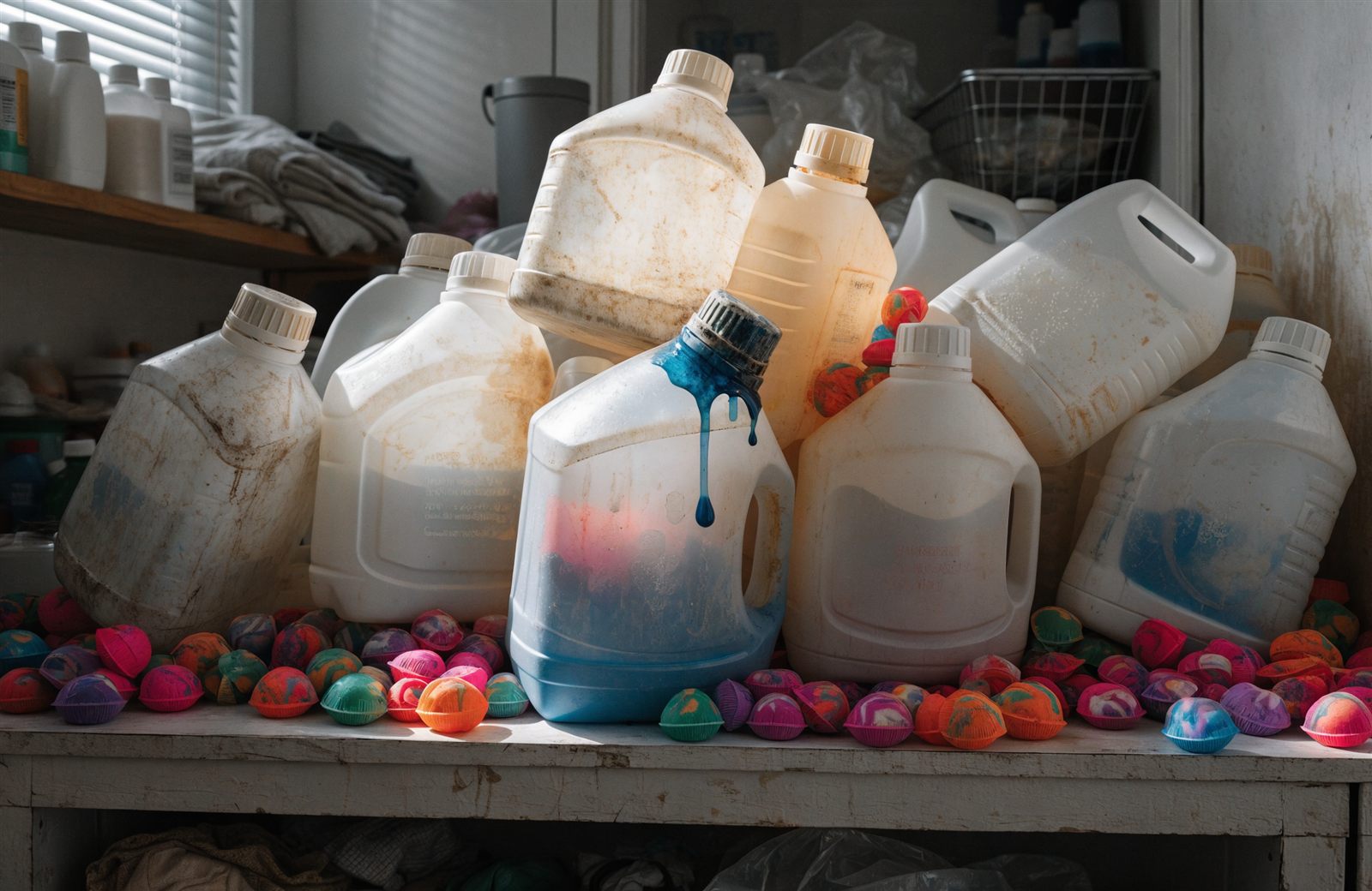 A messy pile of bulky plastic detergent jugs and laundry pods