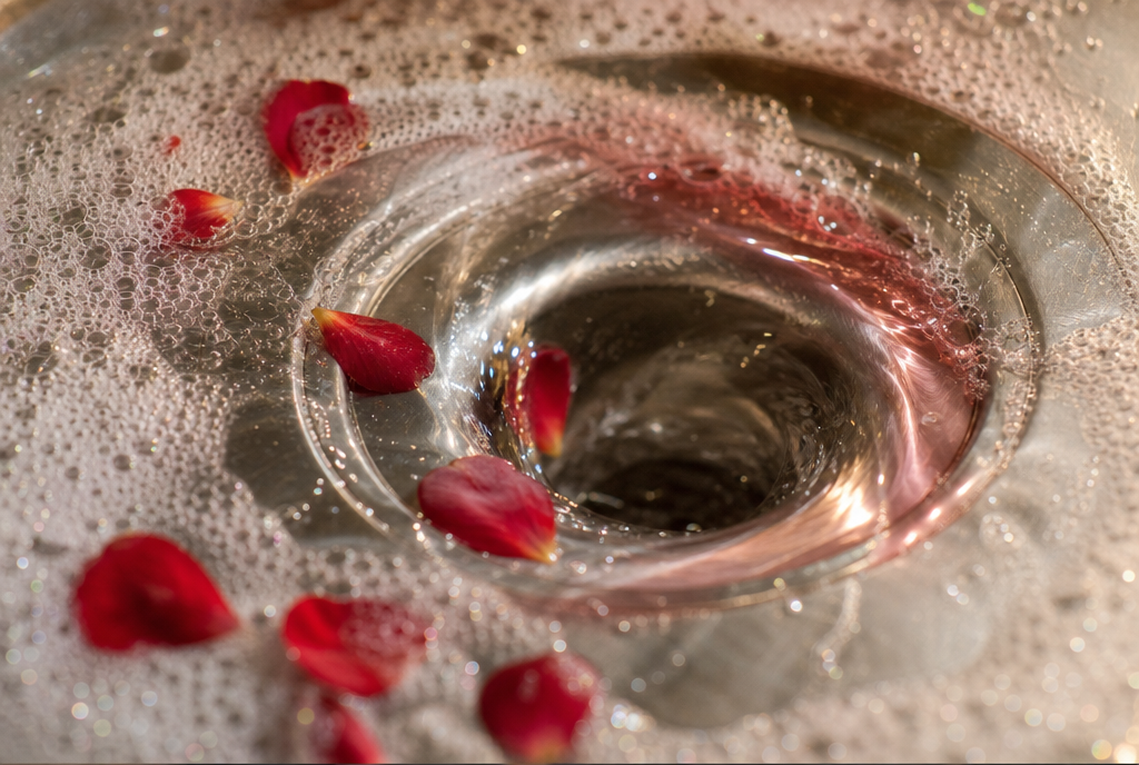 Perfumed soapy water and red flower petals swirling down a washing machine drain